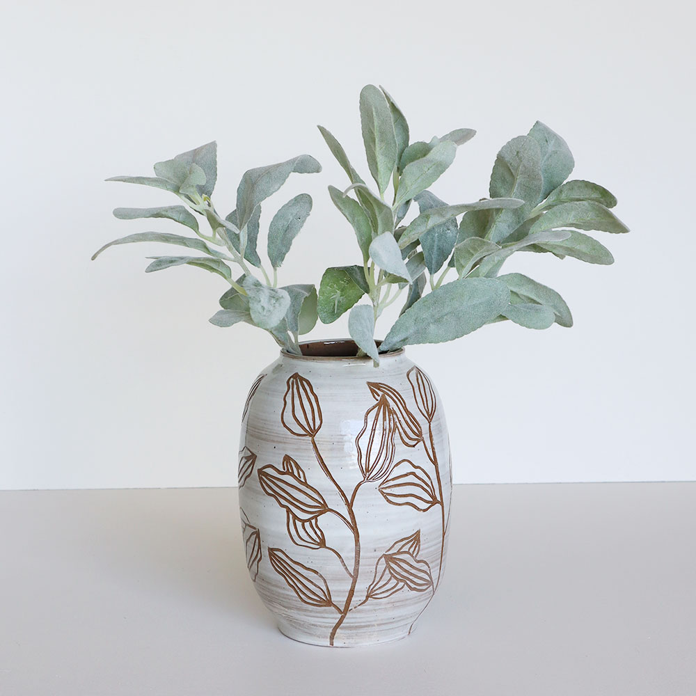 Kiln Earthies 22 Winner Pattern leaf carved vase